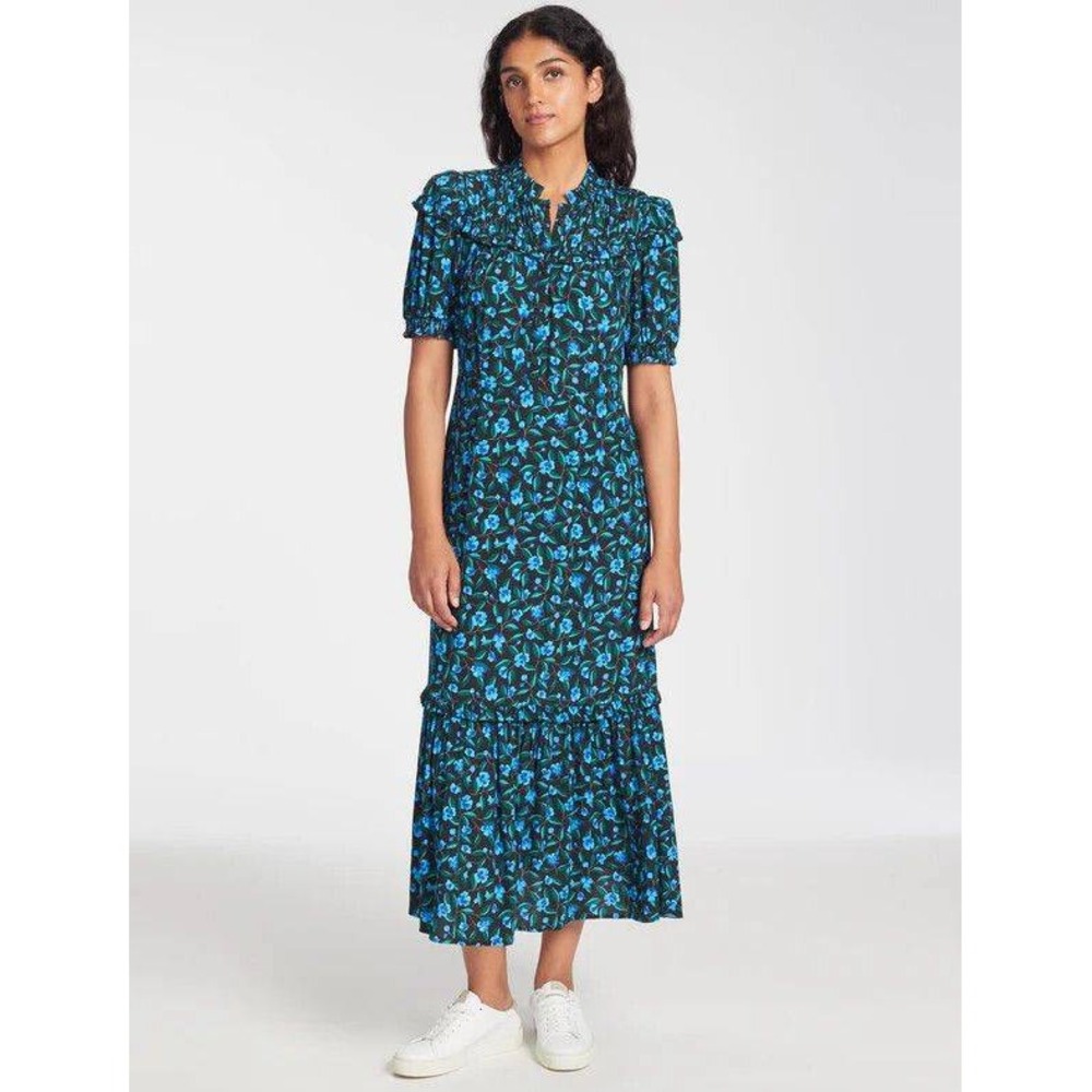 Cefinn Hermione Maxi Dress Black Blue Floral Puff Sleeve Button Front Boho Sz 6